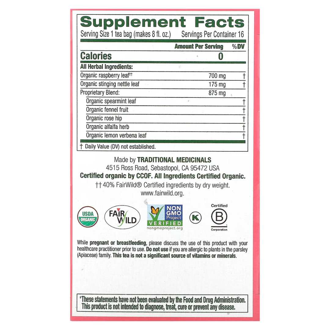 Organic Pregnancy Tea, Raspberry Leaf, Caffeine Free, 16 Wrapped Tea Bags, 0.06 oz (1.75 g) Each