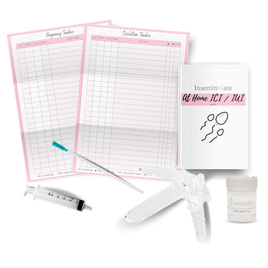 At home self insemation ICI IUI kit inlucdes the following items, ovulation tracker, pregnancy tracker, At home ici iui insemination guide, iui catherter, speculum, 5ml syringe, sterile specimen cup