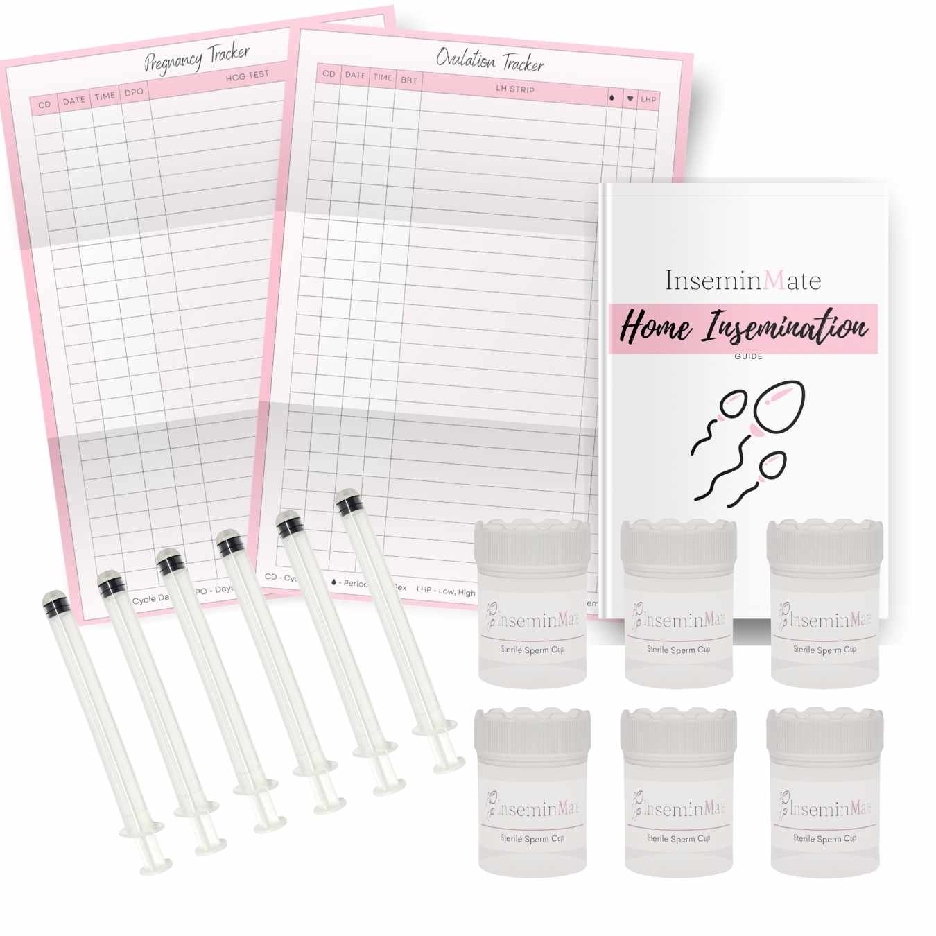 at home insemination 6 pack includes 6 cups, 6 insemination syringe, guide to insemination, pregnancy and ovulation tracker