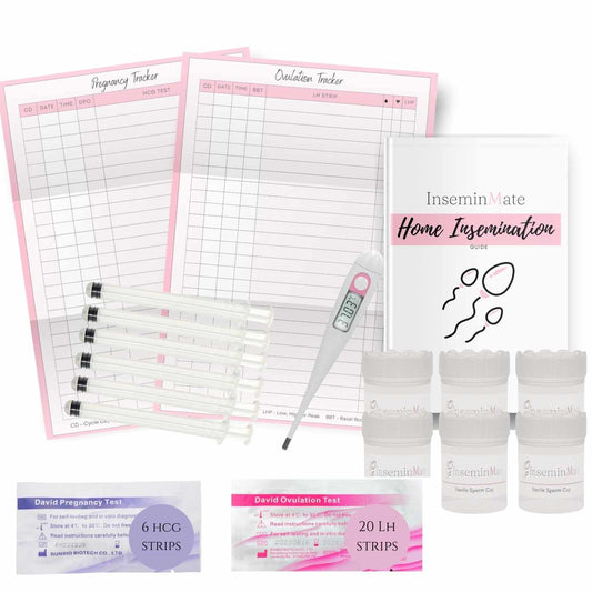 home insemination 6 pack, 6 insemination syringes, bbt, 20 ovulation test strips, 6 pregnancy test, bb