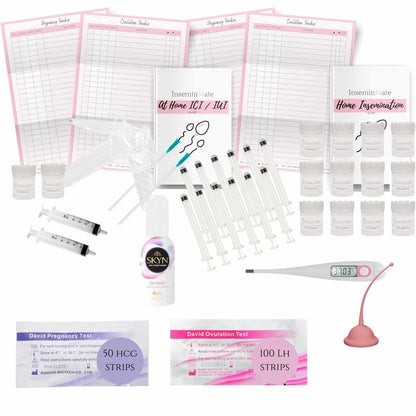 At Home Insemination Mega Kit: Includes 12 Insemination Syringes, 14 Specimen Cups, 2 Mixing Cannulas, 2 5ml Syringes, 1 Conception Cup, 1 Home Insemination Guide, 1 IUI/ICI Kit Guide, 6 Pregnancy and Ovulation Trackers, 100 David Ovulation Test Strips, and 50 David HCG Test Strips.