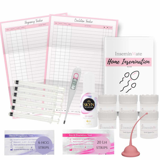 home insemination 6 pack includes, insemination syringes, sperm cups, bbt, conception cup, home insemination guide and pregnancy and ovulation chat