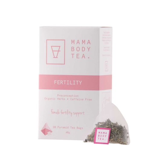 Image of a pyramid-shaped tea bag filled with fertility tea, set against a clean white background. Tea balances hormones, caffine free for preconception. tea includes, Organic Raspberry Dong, Quai Root, Shativari Root, Tulsi, Skullcap