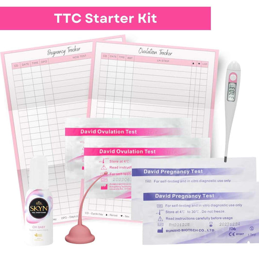 Trying To Conceive Starter Kit includes cervix sperm cup, pregnancy tracker, ovulation tracker, bbt thermometer, oh skyn baby lube, pregnancy and ovulation test
