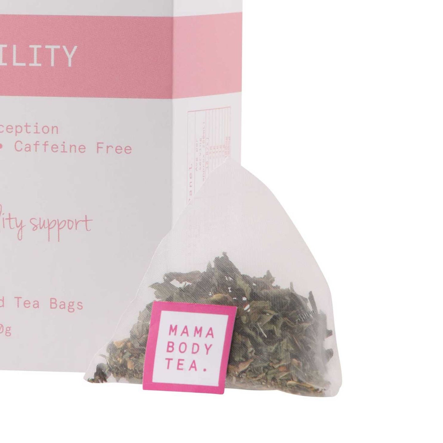 Close-up image of a pyramid-shaped fertility tea bag from Mama Body Tea, designed to support hormonal balance and fertility, against a backdrop of the Mama Body Tea brand logo.  tea includes, Organic Raspberry Dong, Quai Root, Shativari Root, Tulsi, Skullcap