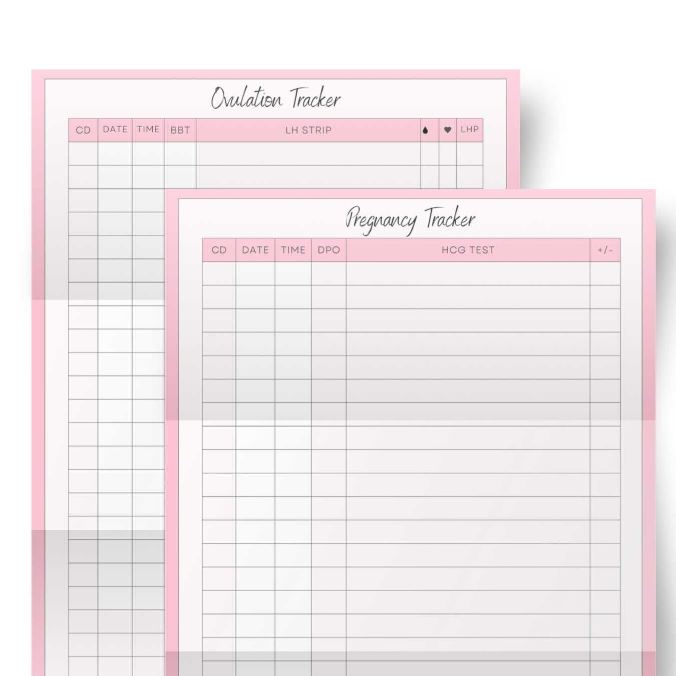 A comprehensive fertility tracking chart for tracking menstrual cycle, ovulation window, basal body temperature, LH strip results, sexual activity or insemination days, and pregnancy progress including HCG levels and placement to stick LH and HCG strip tests